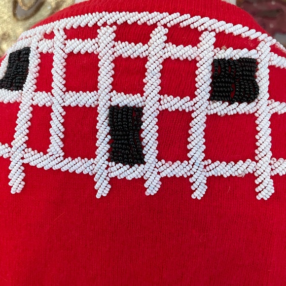 Vintage Red and Black Beaded Women's Sweater Silk Lined Angora Cardigan - Picture 4 of 7